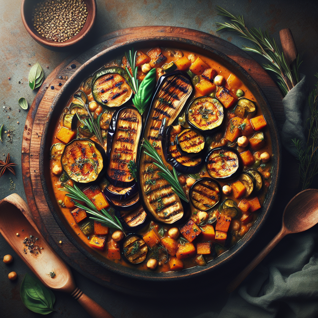 Grilled Eggplant With Herbs, Butternut Squash And Chickpea Stew