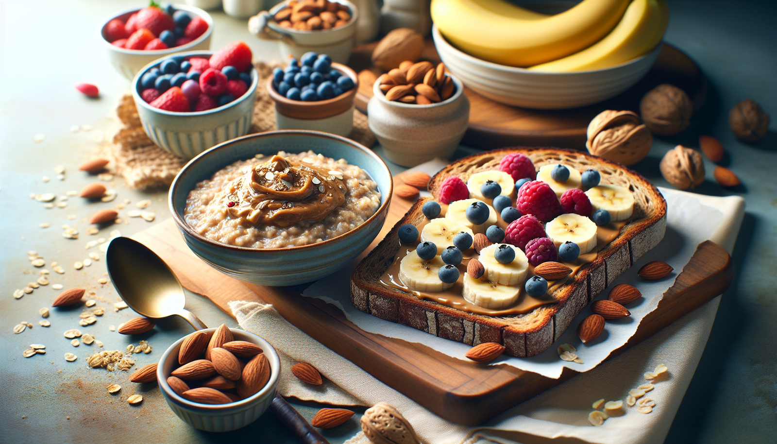 Almond Butter And Banana Toast On Ezekiel Bread, Energizing Oatmeal With Nuts And Berries