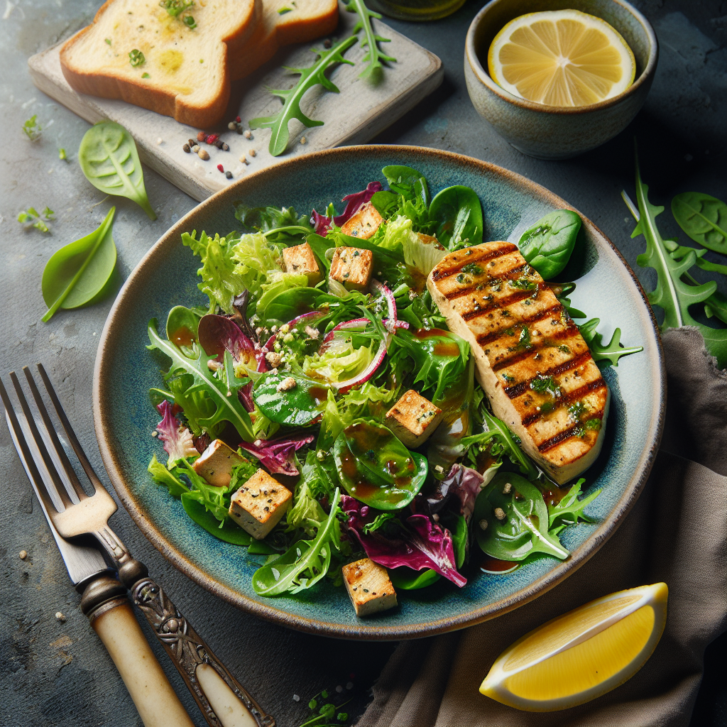 Mixed Greens Salad With A Garlic-Lemon Dressing, Baked Tofu Steaks