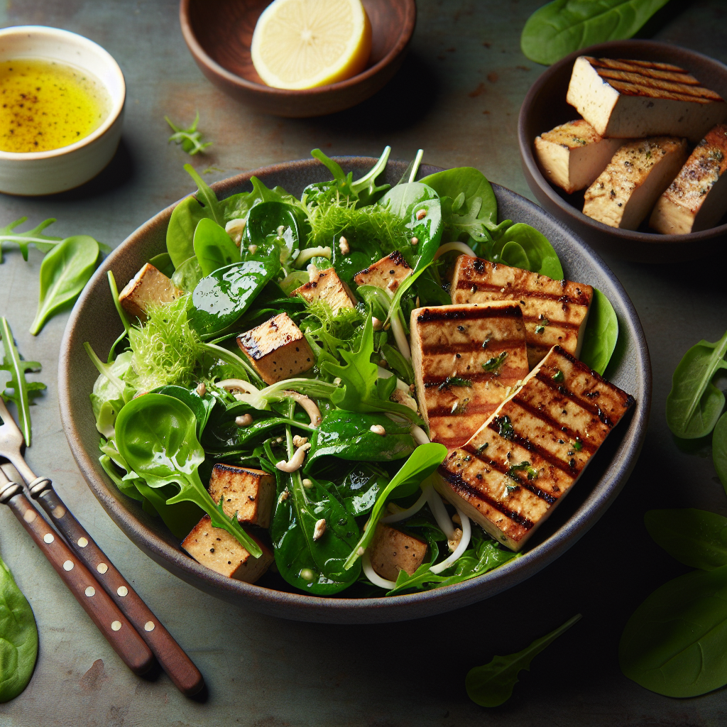 Mixed Greens Salad With A Garlic-Lemon Dressing, Baked Tofu Steaks